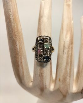 Anillo plata estilo antiguo con piedras naturales rubí zafiro esmeralda natural y marquesitas